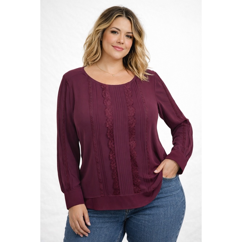 White House Black Market Burgundy Lace Trim Pleated Split Back Blouse Size 6